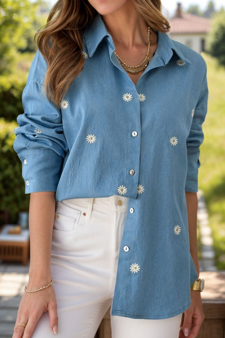 Embroidered Daisy Collared Neck Long Sleeve Shirt - SharpDuds