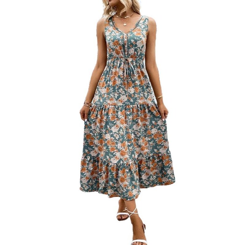 Fashion Casual Button Sleeveless Floral Print Dress - SharpDuds.com