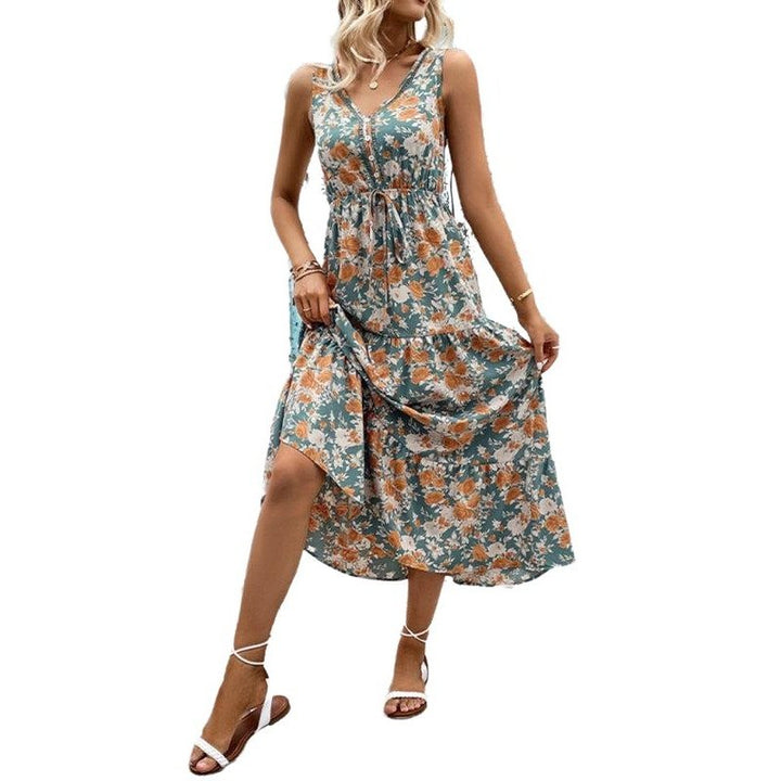 Fashion Casual Button Sleeveless Floral Print Dress - SharpDuds.com