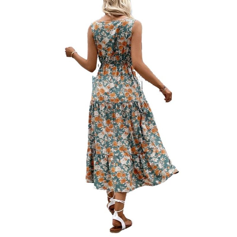 Fashion Casual Button Sleeveless Floral Print Dress - SharpDuds.com