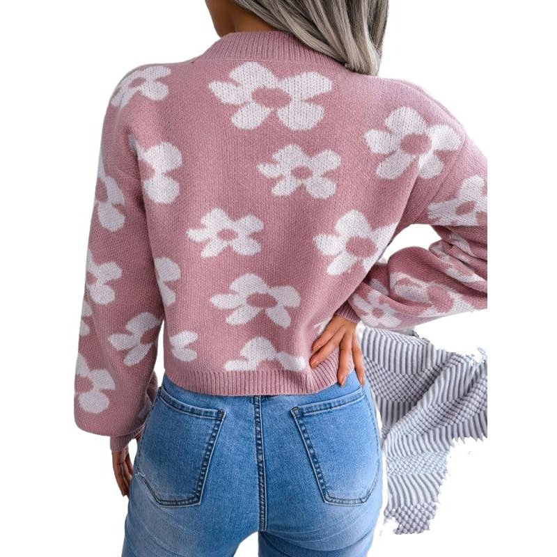 Fashion Contrast Color Flower Lantern Sleeve Cardigan Sweater - SharpDuds.com