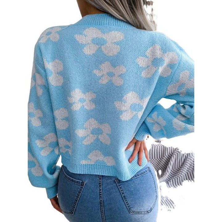 Fashion Contrast Color Flower Lantern Sleeve Cardigan Sweater - SharpDuds.com