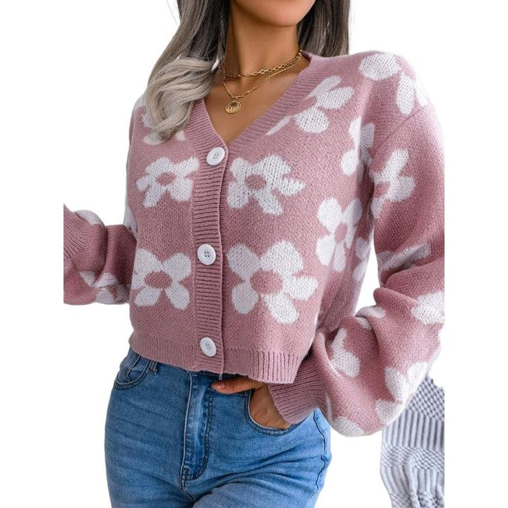 Fashion Contrast Color Flower Lantern Sleeve Cardigan Sweater - SharpDuds.com