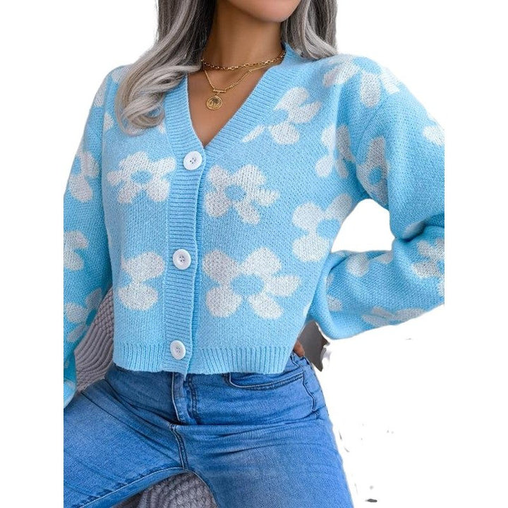 Fashion Contrast Color Flower Lantern Sleeve Cardigan Sweater - SharpDuds.com