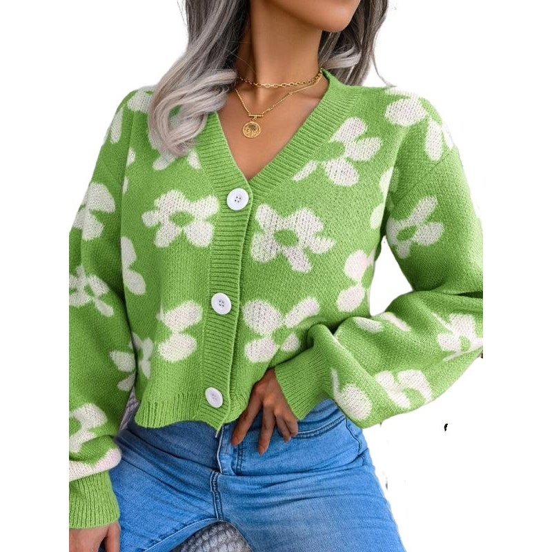 Fashion Contrast Color Flower Lantern Sleeve Cardigan Sweater - SharpDuds.com