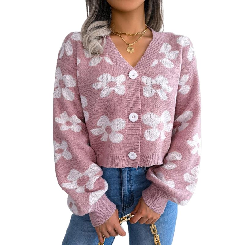 Fashion Contrast Color Flower Lantern Sleeve Cardigan Sweater - SharpDuds.com