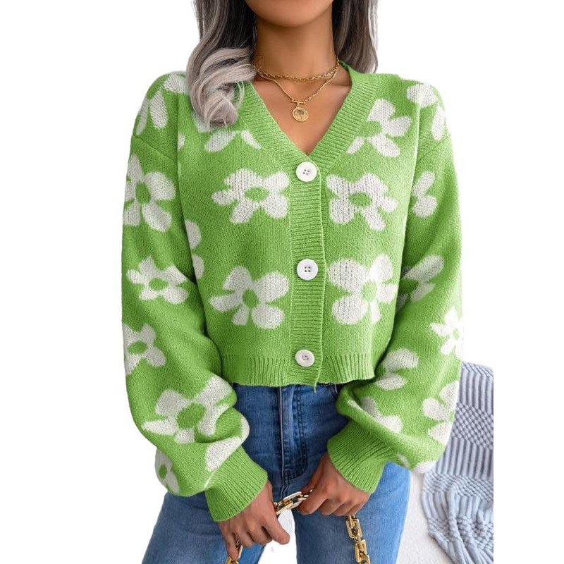 Fashion Contrast Color Flower Lantern Sleeve Cardigan Sweater - SharpDuds.com