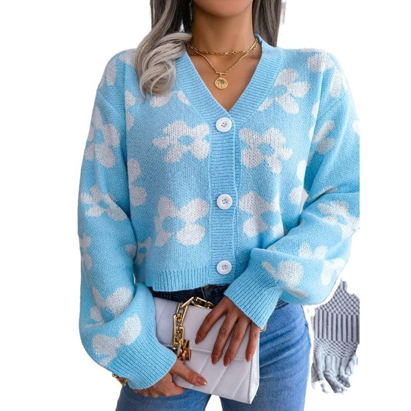 Fashion Contrast Color Flower Lantern Sleeve Cardigan Sweater - SharpDuds.com