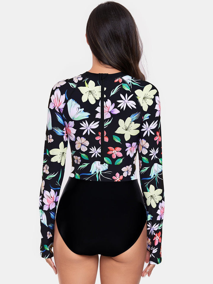 Flower Round Neck Long Sleeve Swimwear - SharpDuds