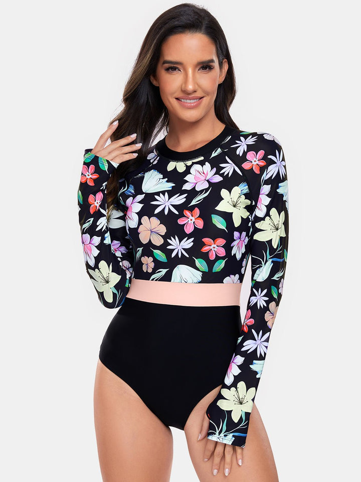 Flower Round Neck Long Sleeve Swimwear - SharpDuds