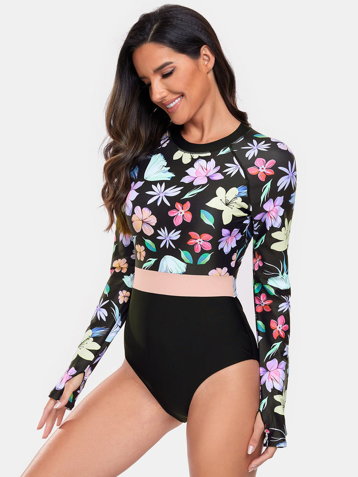 Flower Round Neck Long Sleeve Swimwear - SharpDuds