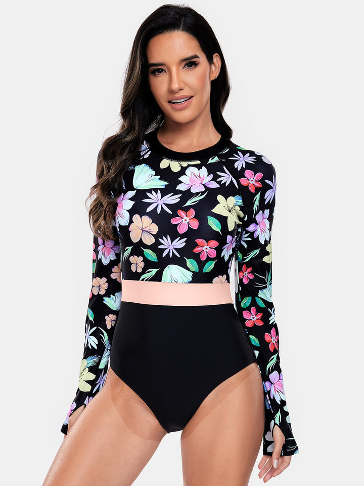 Flower Round Neck Long Sleeve Swimwear - SharpDuds