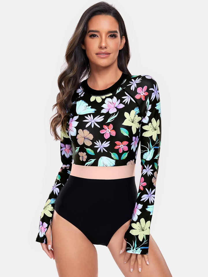 Flower Round Neck Long Sleeve Swimwear - SharpDuds