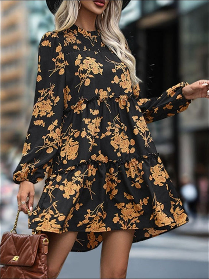 Frill Printed Long Sleeve Mini Dress - SharpDuds