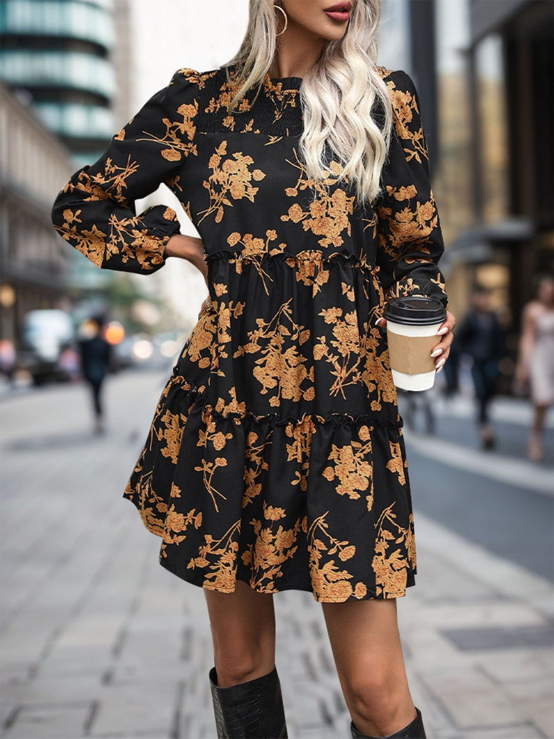 Frill Printed Long Sleeve Mini Dress - SharpDuds