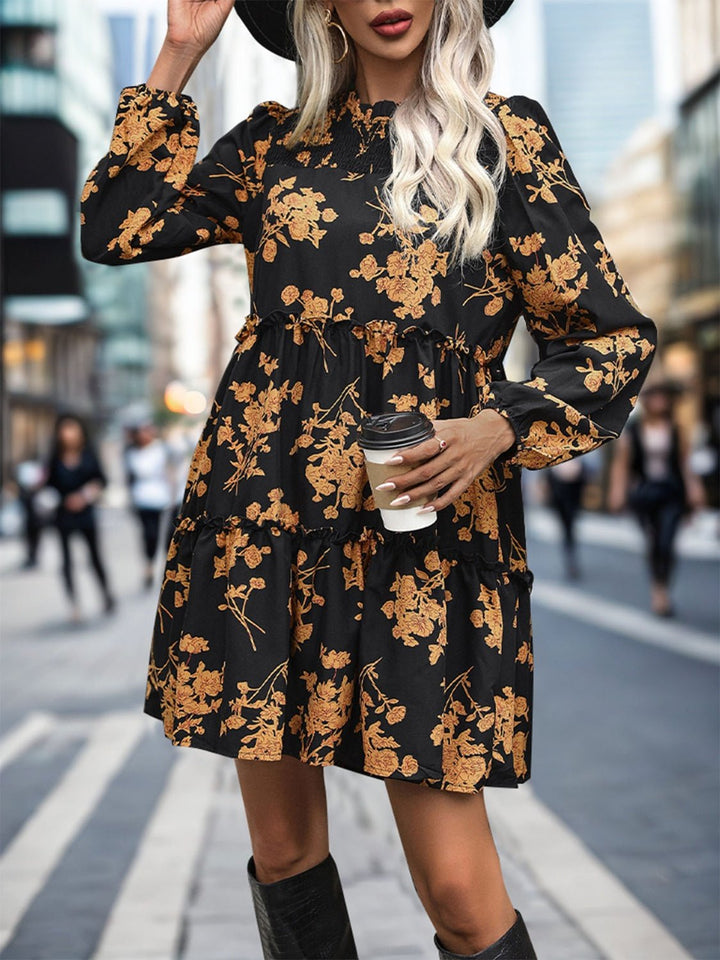 Frill Printed Long Sleeve Mini Dress - SharpDuds