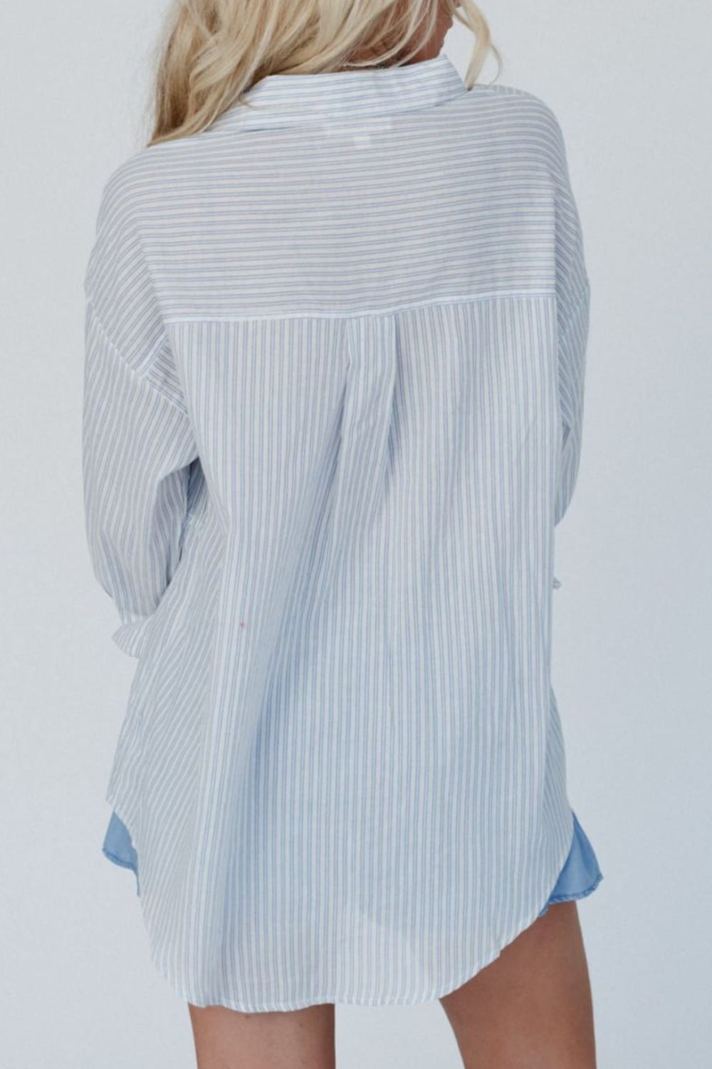 Frill Striped Collared Neck Long Sleeve Shirt - SharpDuds