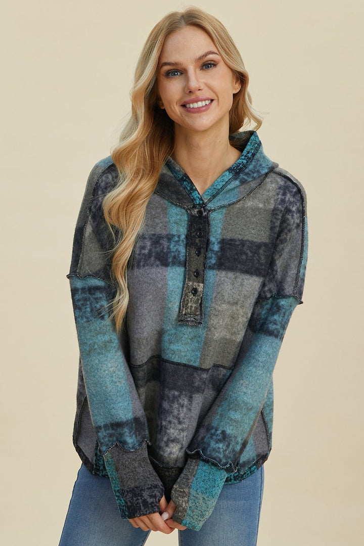 Full Size Plaid Dropped Shoulder Hoodie - SharpDuds