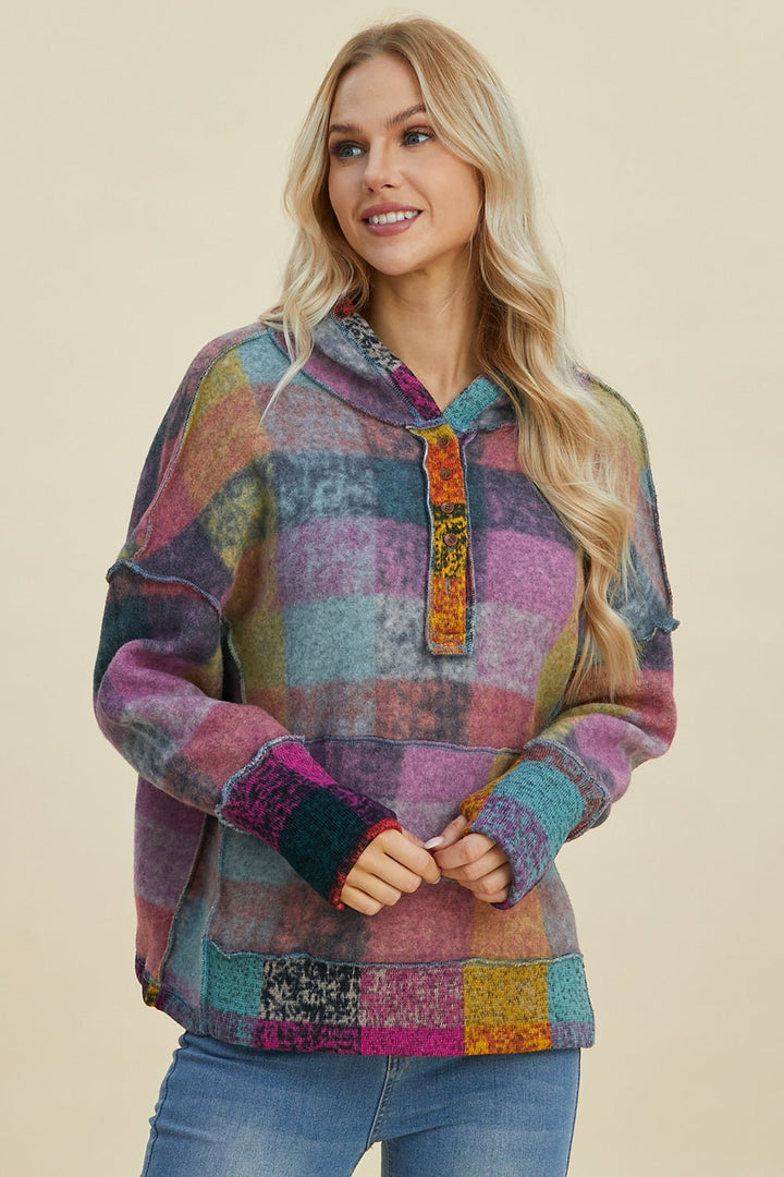 Full Size Plaid Dropped Shoulder Hoodie - SharpDuds