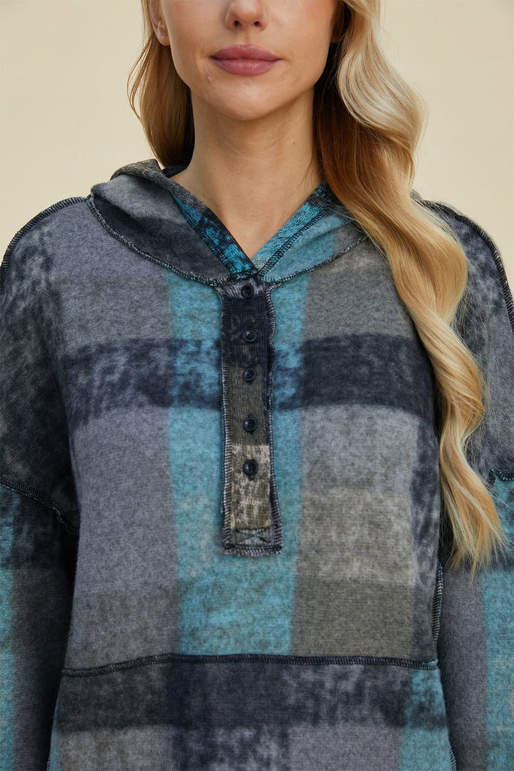 Full Size Plaid Dropped Shoulder Hoodie - SharpDuds