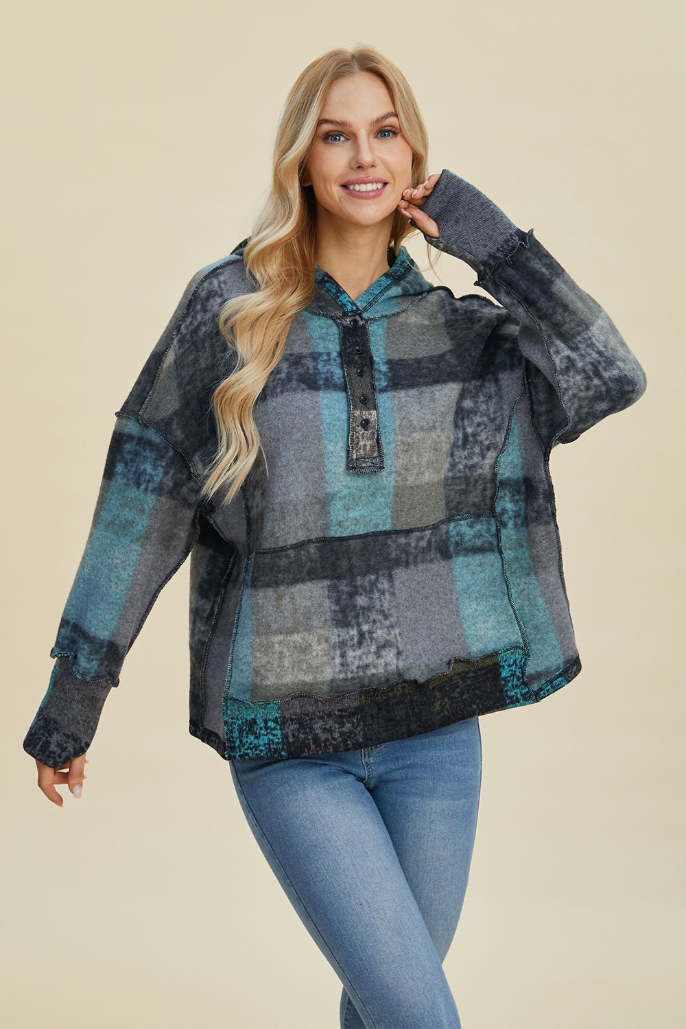 Full Size Plaid Dropped Shoulder Hoodie - SharpDuds