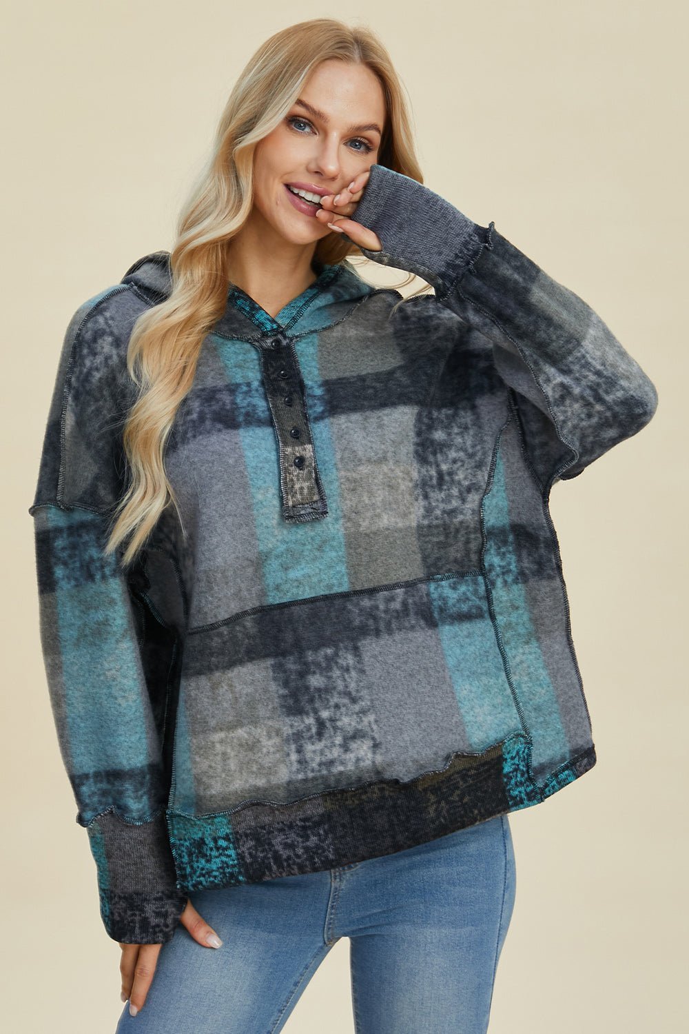 Full Size Plaid Dropped Shoulder Hoodie - SharpDuds