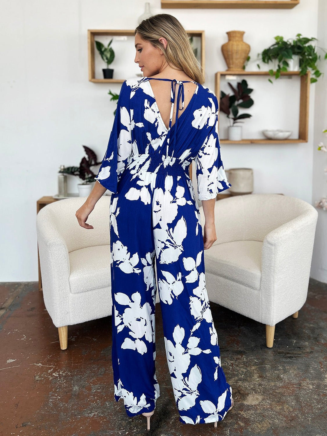 Full Size Printed Tie Back Wide Leg Jumpsuit - SharpDuds