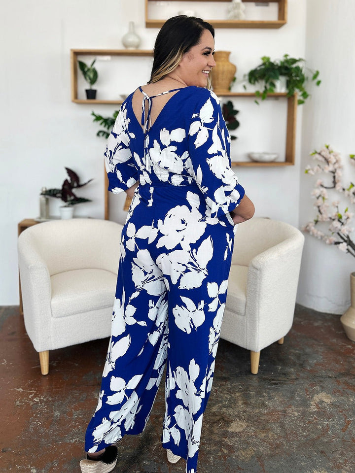 Full Size Printed Tie Back Wide Leg Jumpsuit - SharpDuds