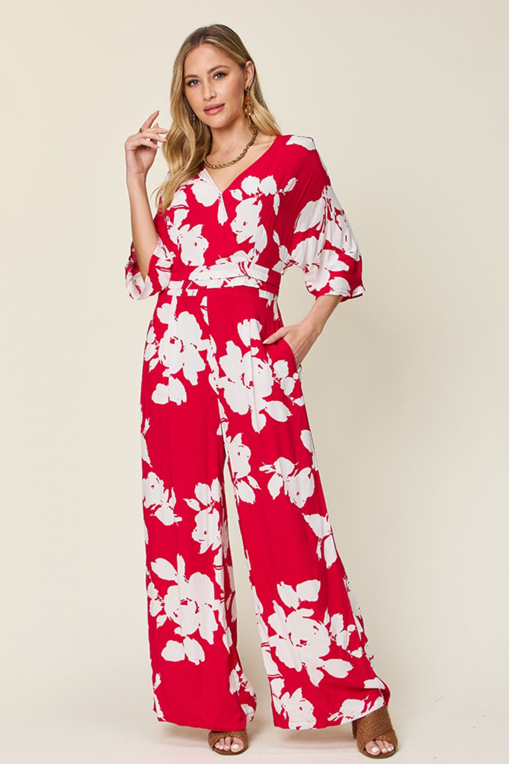 Full Size Printed Tie Back Wide Leg Jumpsuit - SharpDuds