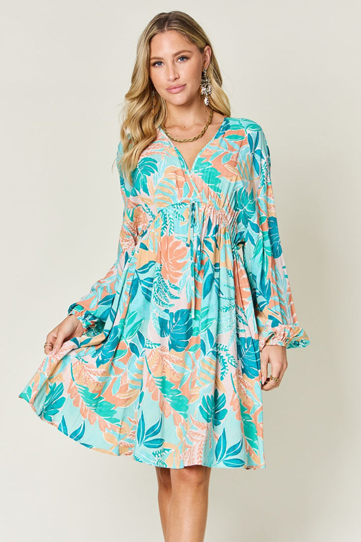 Full Size Printed V - Neck Drawstring Dress - SharpDuds