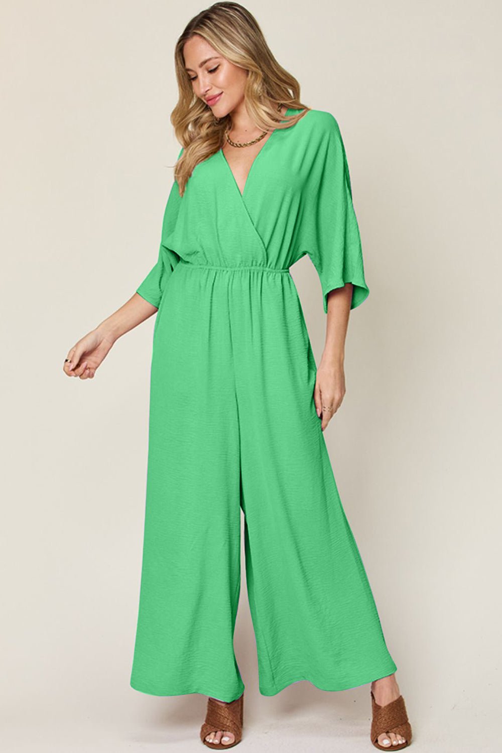 Full Size Surplice Wide Leg Jumpsuit with Pockets - SharpDuds