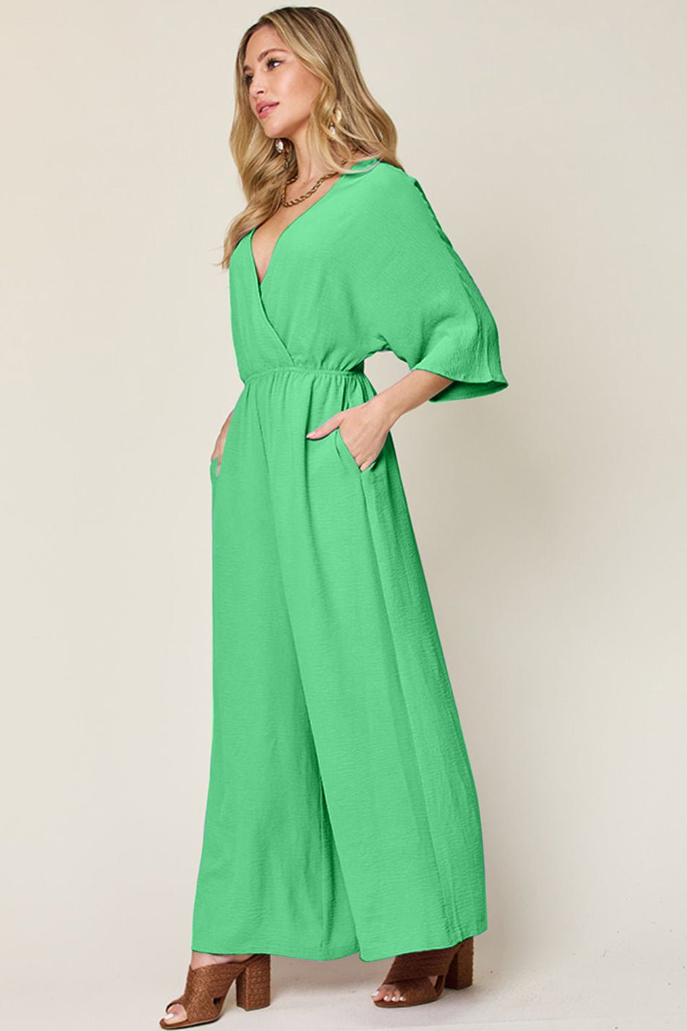 Full Size Surplice Wide Leg Jumpsuit with Pockets - SharpDuds