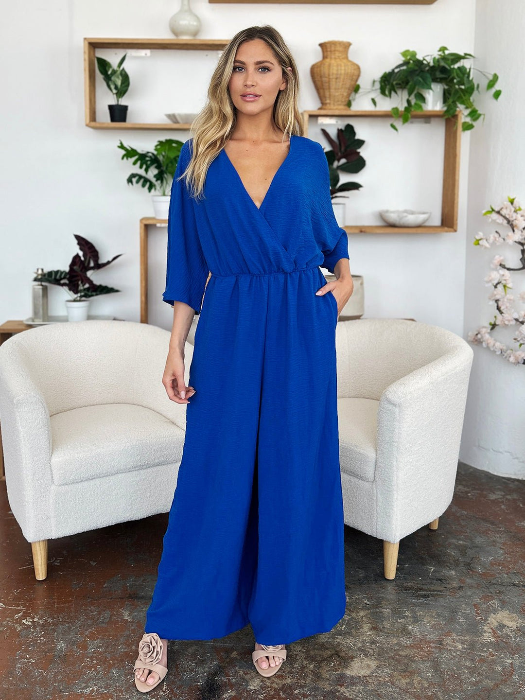 Full Size Surplice Wide Leg Jumpsuit with Pockets - SharpDuds