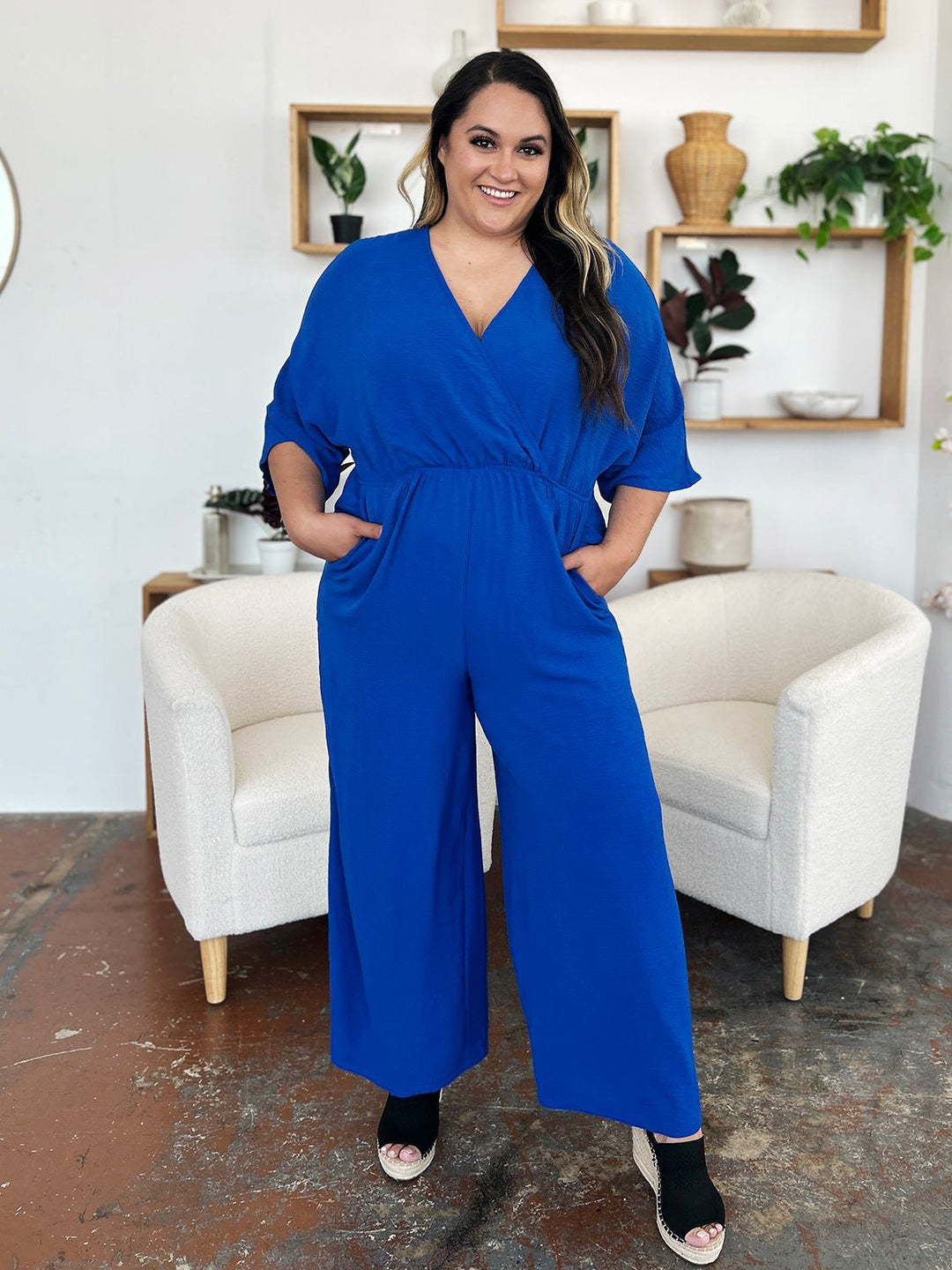 Full Size Surplice Wide Leg Jumpsuit with Pockets - SharpDuds