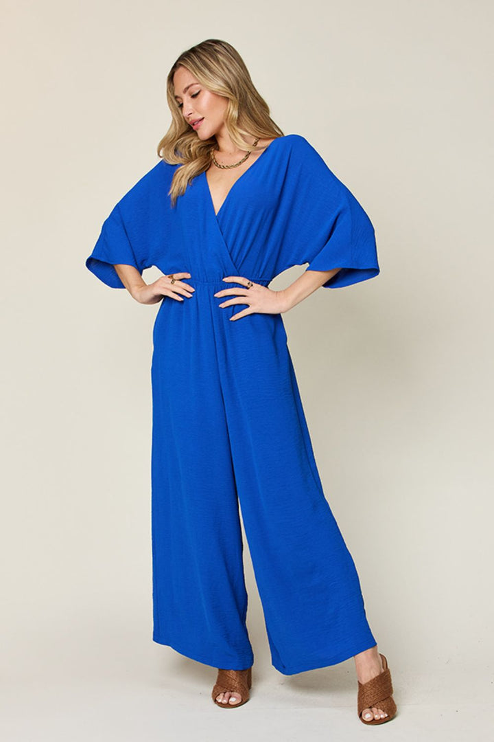 Full Size Surplice Wide Leg Jumpsuit with Pockets - SharpDuds