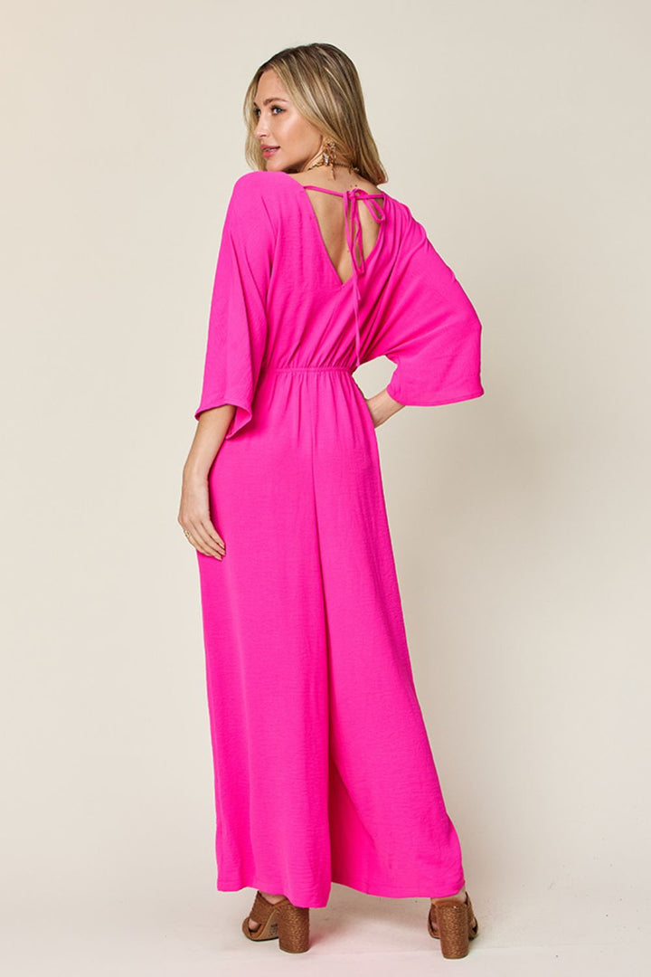 Full Size Surplice Wide Leg Jumpsuit with Pockets - SharpDuds