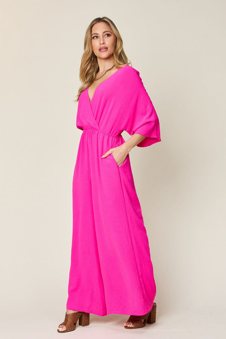 Full Size Surplice Wide Leg Jumpsuit with Pockets - SharpDuds