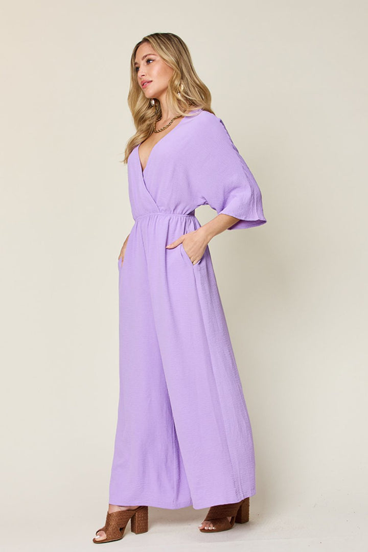 Full Size Surplice Wide Leg Jumpsuit with Pockets - SharpDuds