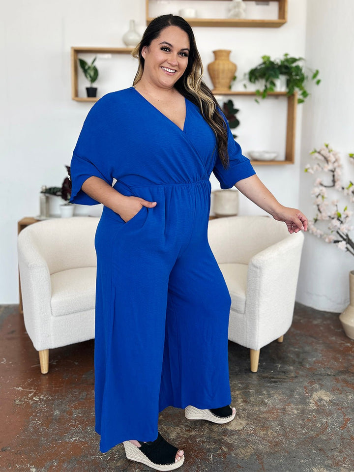 Full Size Surplice Wide Leg Jumpsuit with Pockets - SharpDuds