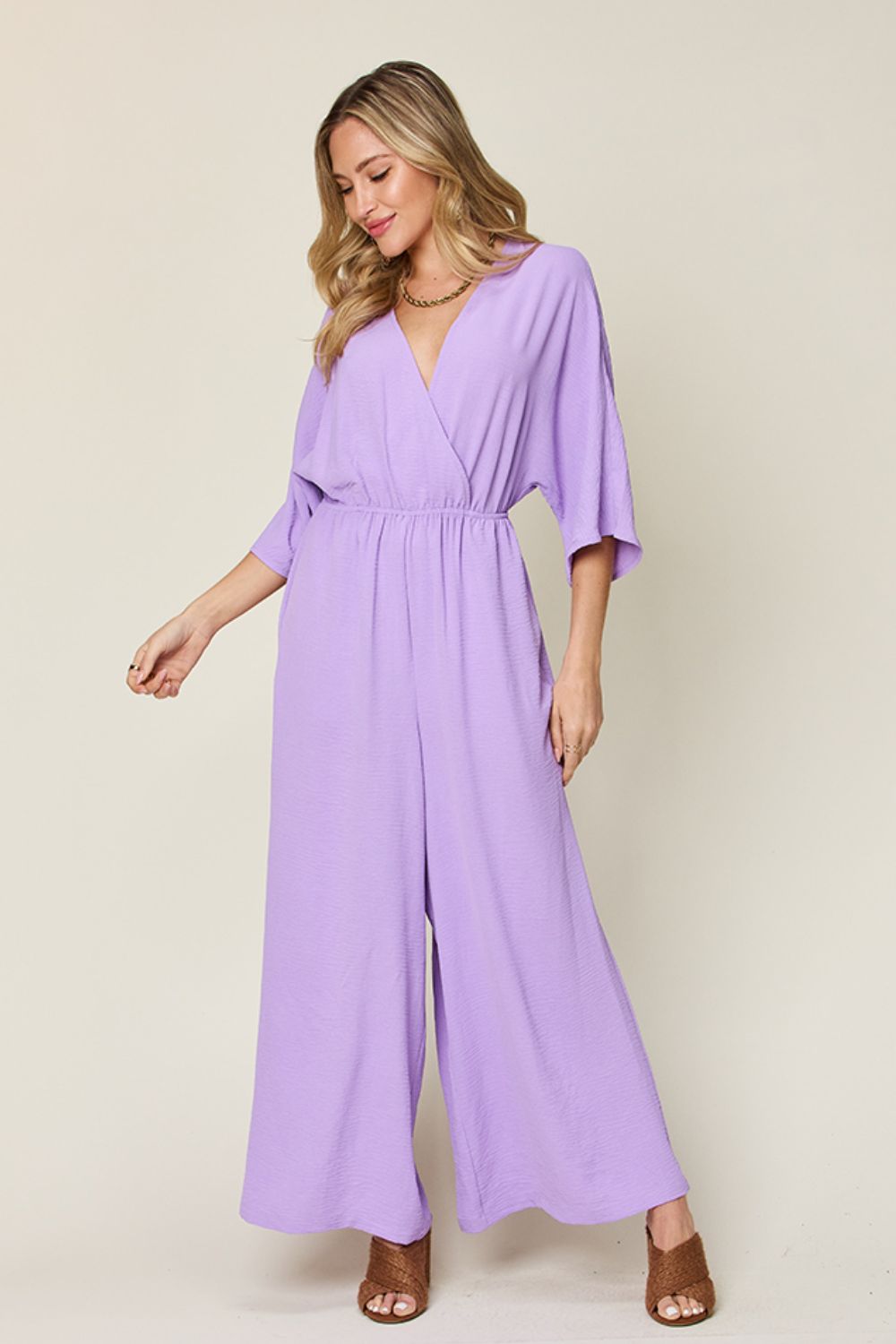 Full Size Surplice Wide Leg Jumpsuit with Pockets - SharpDuds