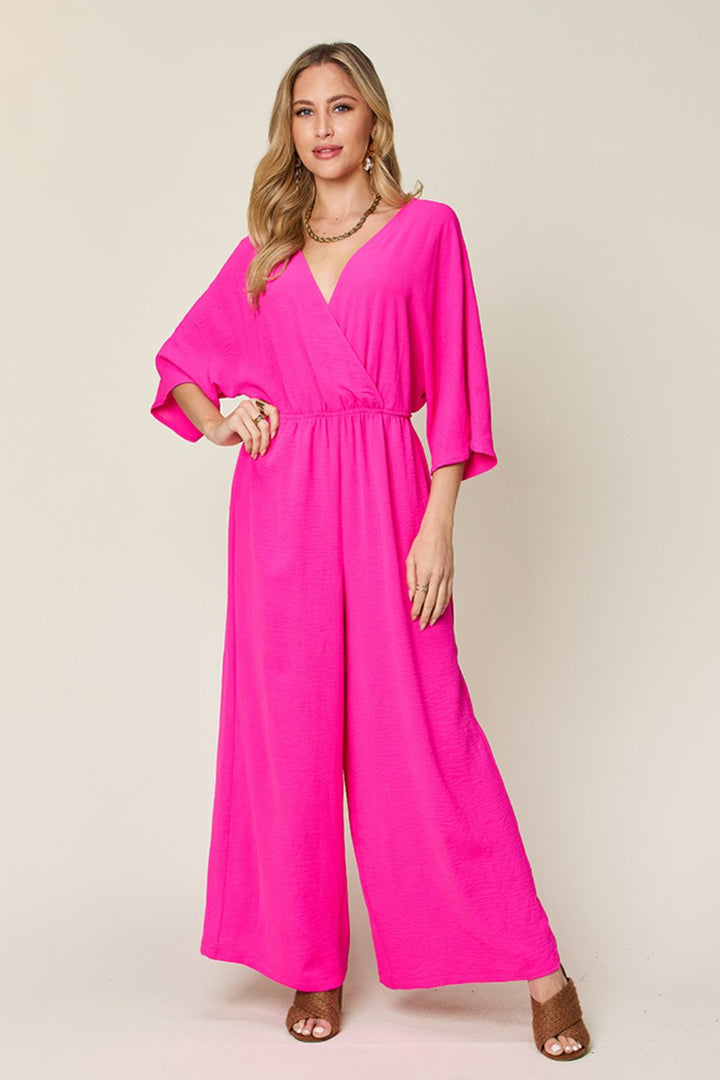 Full Size Surplice Wide Leg Jumpsuit with Pockets - SharpDuds