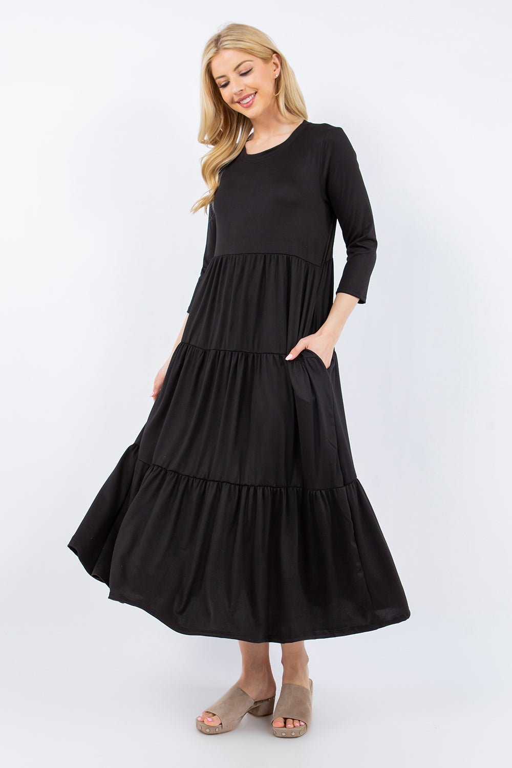 Full Size Tiered Midi Dress with Pockets - SharpDuds