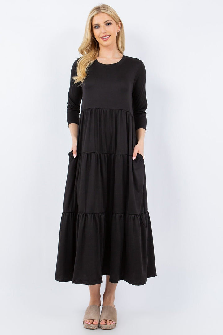 Full Size Tiered Midi Dress with Pockets - SharpDuds