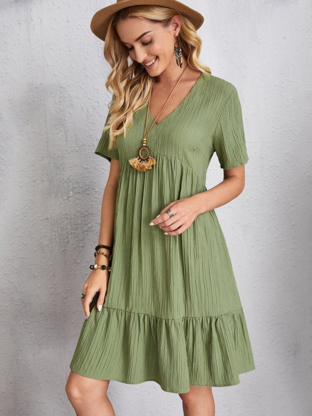 Full Size V - Neck Short Sleeve Dress - SharpDuds