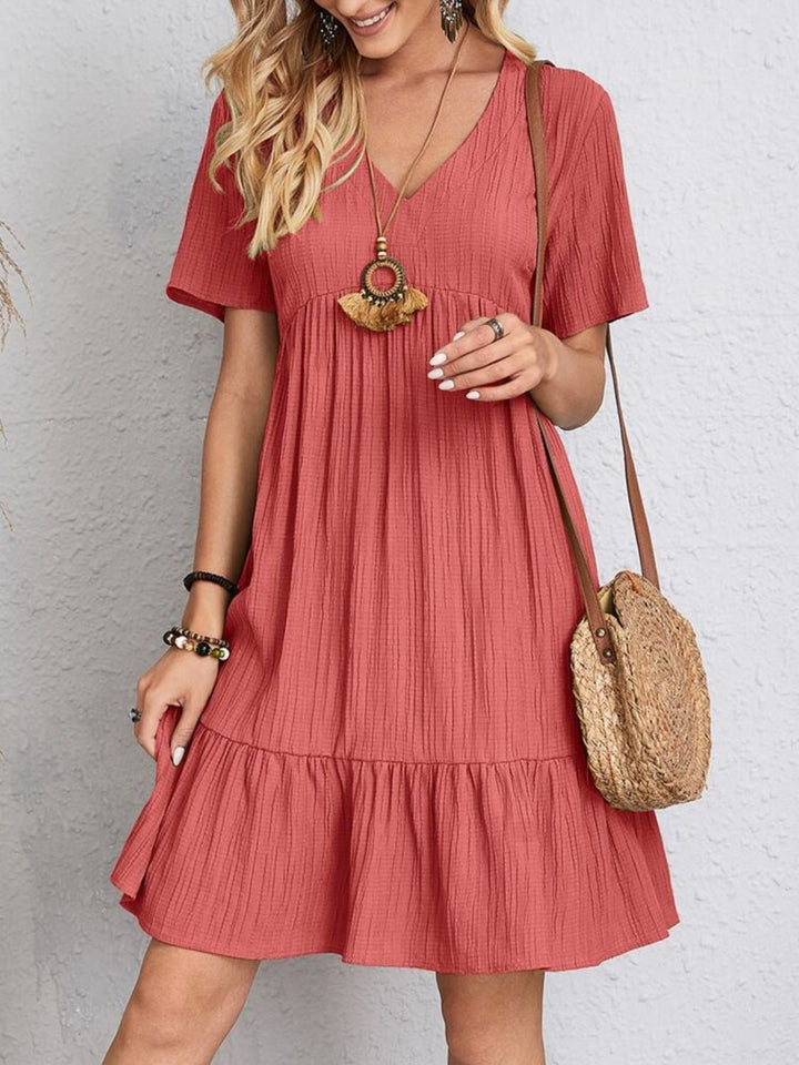 Full Size V - Neck Short Sleeve Dress - SharpDuds