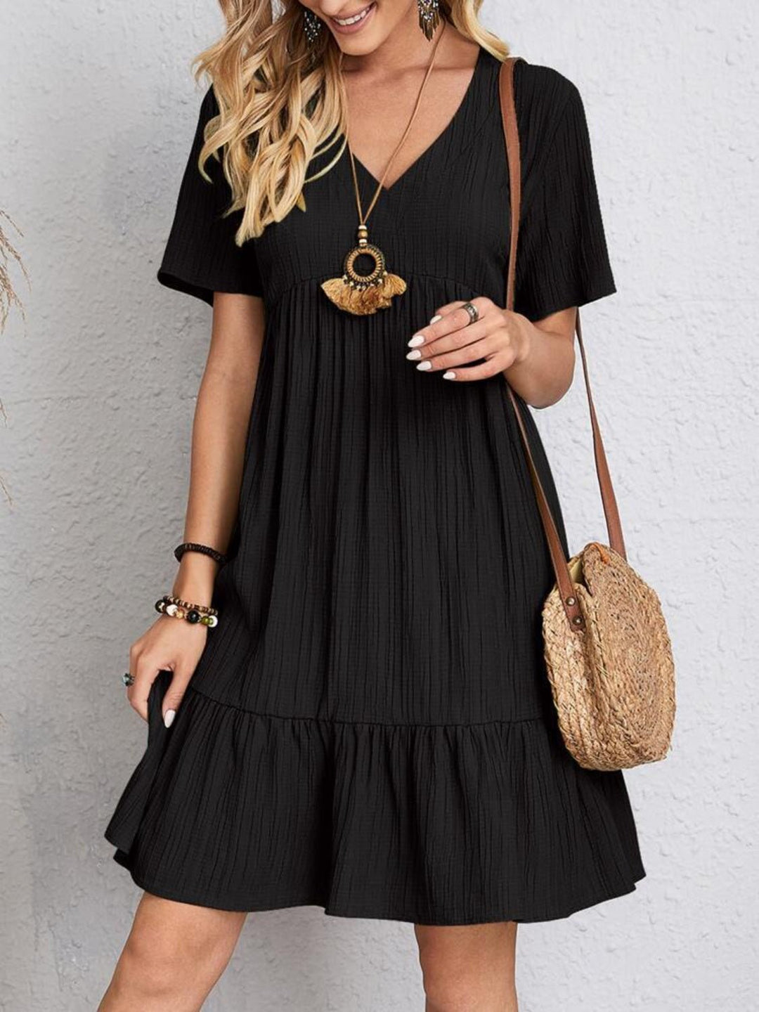 Full Size V - Neck Short Sleeve Dress - SharpDuds