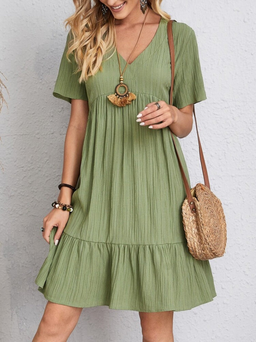 Full Size V - Neck Short Sleeve Dress - SharpDuds