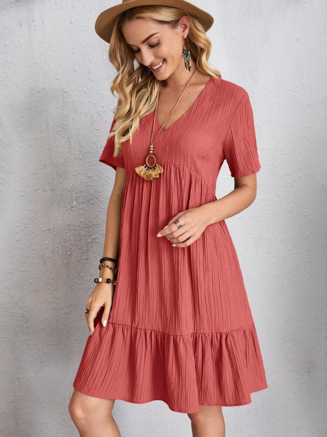 Full Size V - Neck Short Sleeve Dress - SharpDuds