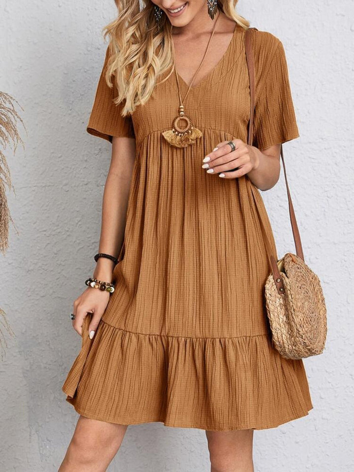 Full Size V - Neck Short Sleeve Dress - SharpDuds