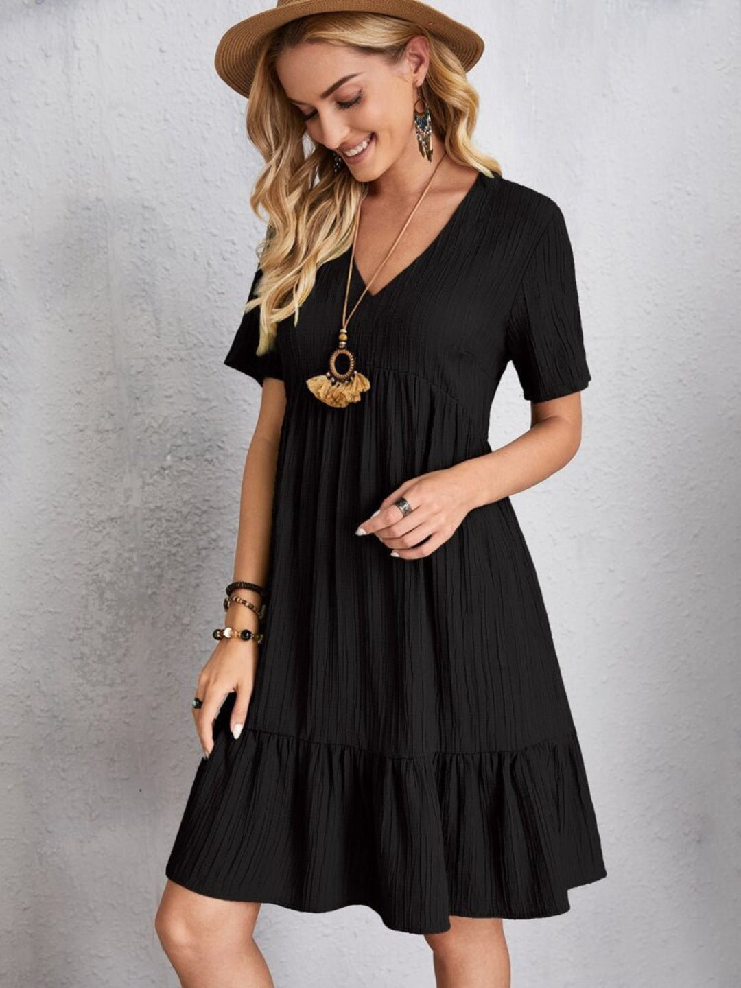 Full Size V - Neck Short Sleeve Dress - SharpDuds